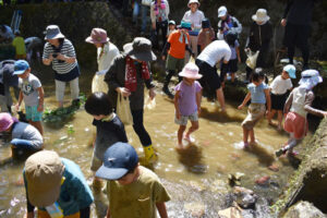 中筋地区の子どもたちが地元の川で魚つかみを楽しむ活動「ハローおさかなくん」（中筋地区民生児童委員協議会・同地区福祉推進協議会合同主催）が７日、上延町内で催された。