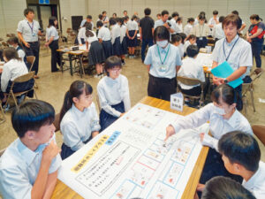 市内６中学校から生徒代表たちが一堂に会し交流する第23回「市中学生交流会―綾部のリーダーが集い、語り、明日の学校を作る」（市中学校生徒指導委員会主催）が20日、里町の市中央公民館で開かれ、12人の実行委員を含む各校・各学年の中学生計47人が新企画の防災ワークショップなどを通じ議論を深めた。　　